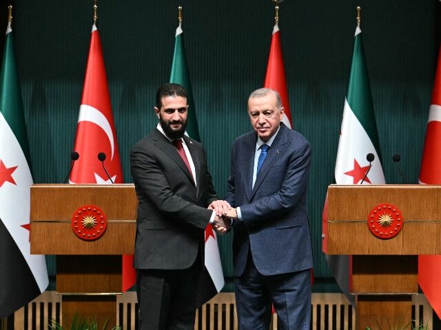 Turkish President Recep Tayyip Erdogan (R) and Syria's interim president Ahmed al-Sha