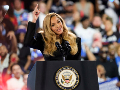 Singer Beyonce Knowles-Carter introduces US Vice President Kamala Harris, not pictured, du