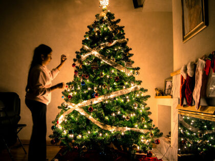 child standing in front of Christmas tree with string lights