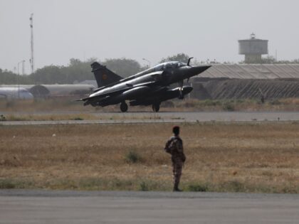 French mirage 2000-D from the Barkhane force lands after a tactical mission in N'Djamena o