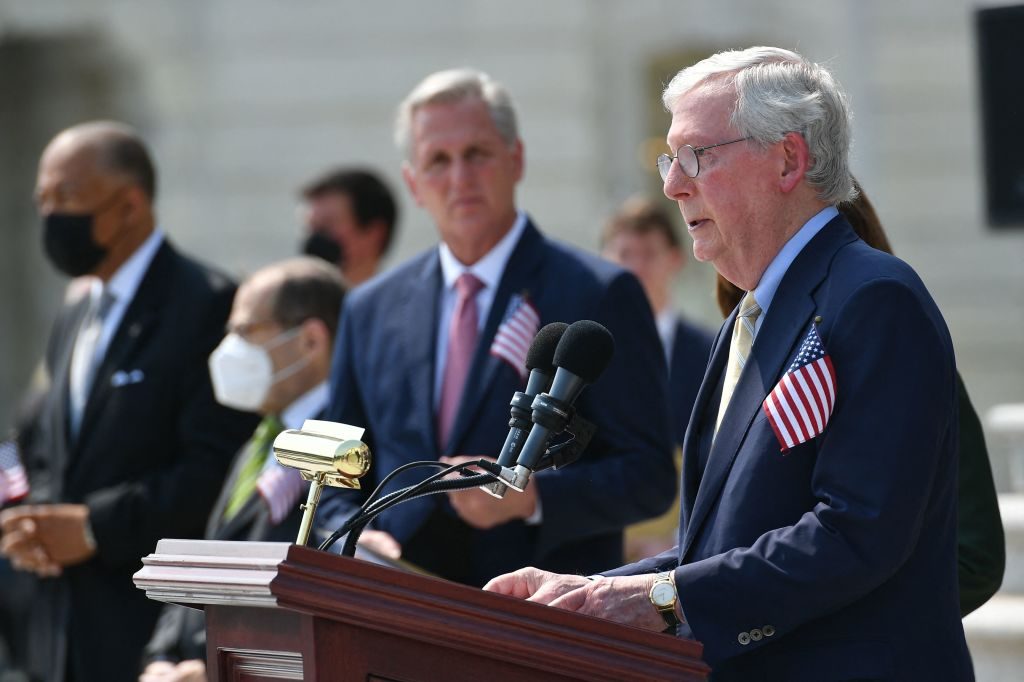 Senate Minority Leader Mitch McConnell(R-KY) speaks as House Speaker Nancy Pelosi, D-CA, and Senate Majority Leader Chuck Schumer along with House Minority Leader Kevin McCarthy and other members of Congress take part in a ceremony to commemorate the 20th anniversary of the 9/11 attacks on the steps of the US Capitol in Washington, DC on September 13, 2021. (Photo by MANDEL NGAN / AFP) (Photo by MANDEL NGAN/AFP via Getty Images)