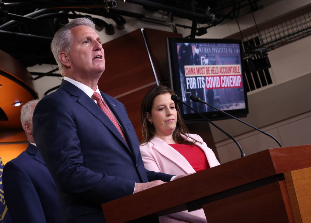 WASHINGTON, DC - JUNE 23: House Minority Leader Kevin McCarthy (R-CA) speaks during a press conference at the U.S. Capitol June 23, 2021 in Washington, DC. McCarthy and other members of the House Republican caucus called for a congressional inquiry into China’s role in the origins of the COVID-19 virus. Also pictured is Rep. Elise Stefanik (R-NY). (Photo by Win McNamee/Getty Images)