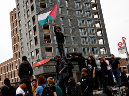 TOPSHOT - A protester waves a Palestinian flag during a counter demonstration against an a