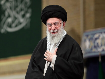 Iran's Supreme Leader, Ayatollah Ali Khamenei greets crowd during a program held following