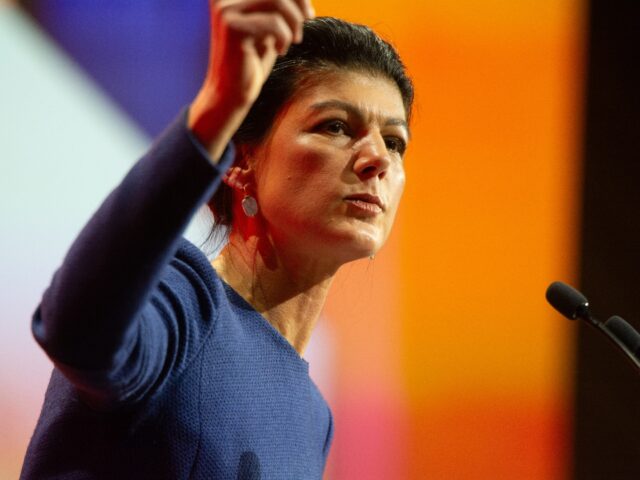 Sahra Wagenknecht, leader and chancellor candidate of the BSW party, speaks on the stage a