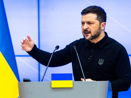 Ukrainian President Volodymyr Zelensky during a press conference after talks with Polish P