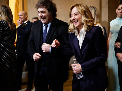 President of Argentina Javier Milei talks with Prime Minister of Italy Giorgia Meloni ahea