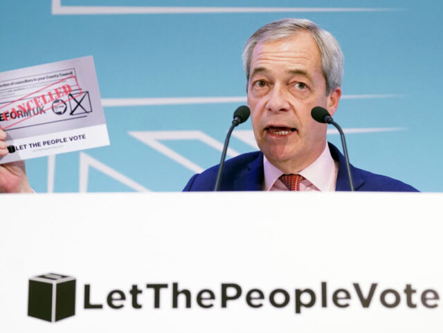 Reform UK leader Nigel Farage speaking during a press conference at Church House in centra