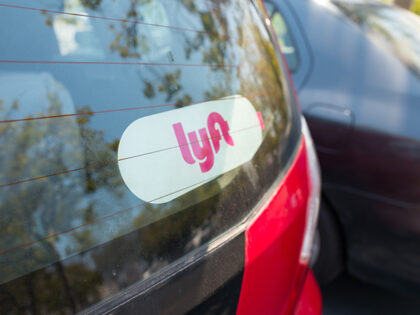 Sticker for Lyft on the back of a Lyft ride sharing vehicle in the Silicon Valley town of