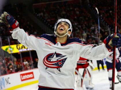 RALEIGH, NC - NOVEMBER 26: Johnny Gaudreau #13 of the Columbus Blue Jackets celebrates a g