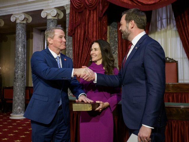 Vice President JD Vance, right, holds a ceremonial swearing-in for Sen. Jon Husted, R-Ohio