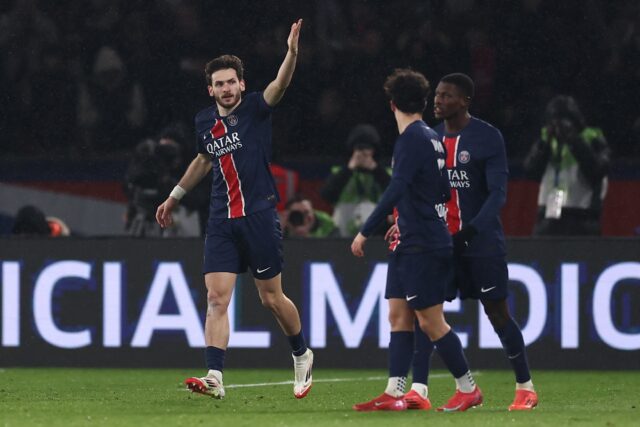 Khvicha Kvaratskhelia celebrates after scoring his first Paris Saint-Germain goal in the 4