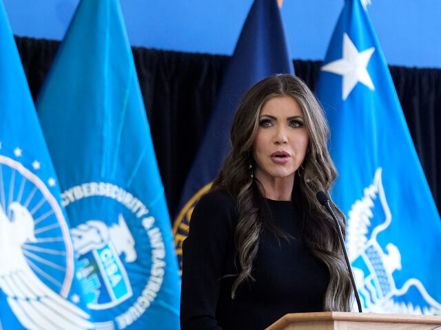 U.S. Homeland Security Secretary Kristi Noem delivers remarks to staff at the Department o