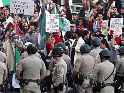 LOS ANGELES, CALIFORNIA - FEBRUARY 02: Anti-deportation demonstrators protest the Trump ad