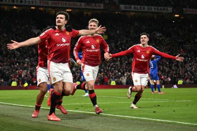 Manchester United defender Harry Maguire (left) celebrates his winning goal against Leices