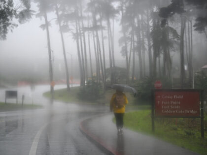 SAN FRANCISCO, CALIFORNIA - DECEMBER 16: A woman with an umbrella walks at Presidio during