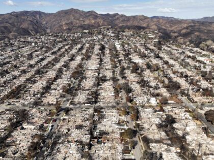 FILE - The devastation from the Palisades Fire is visible in the Pacific Palisades neighbo