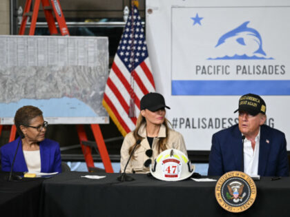 Los Angeles Mayor Karen Bass and US First Lady Melania Trump look on as US President Donal