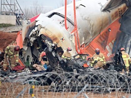 MUAN-GUN, SOUTH KOREA - DECEMBER 30: Firefighters work at the wreckage of a passenger plan