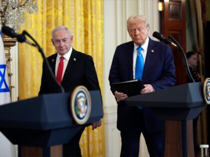 President Donald Trump and Israel's Prime Minister Benjamin Netanyahu arrive for a ne