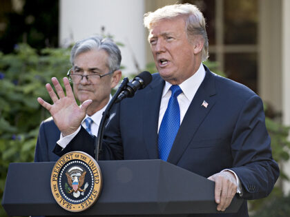 U.S. President Donald Trump speaks as Jerome Powell, governor of the U.S. Federal Reserve