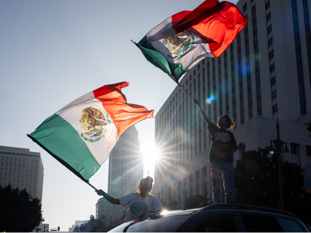 LOS ANGELES, CA - FEBRUARY 02: Protestors wave national flags of Mexico during a rally in